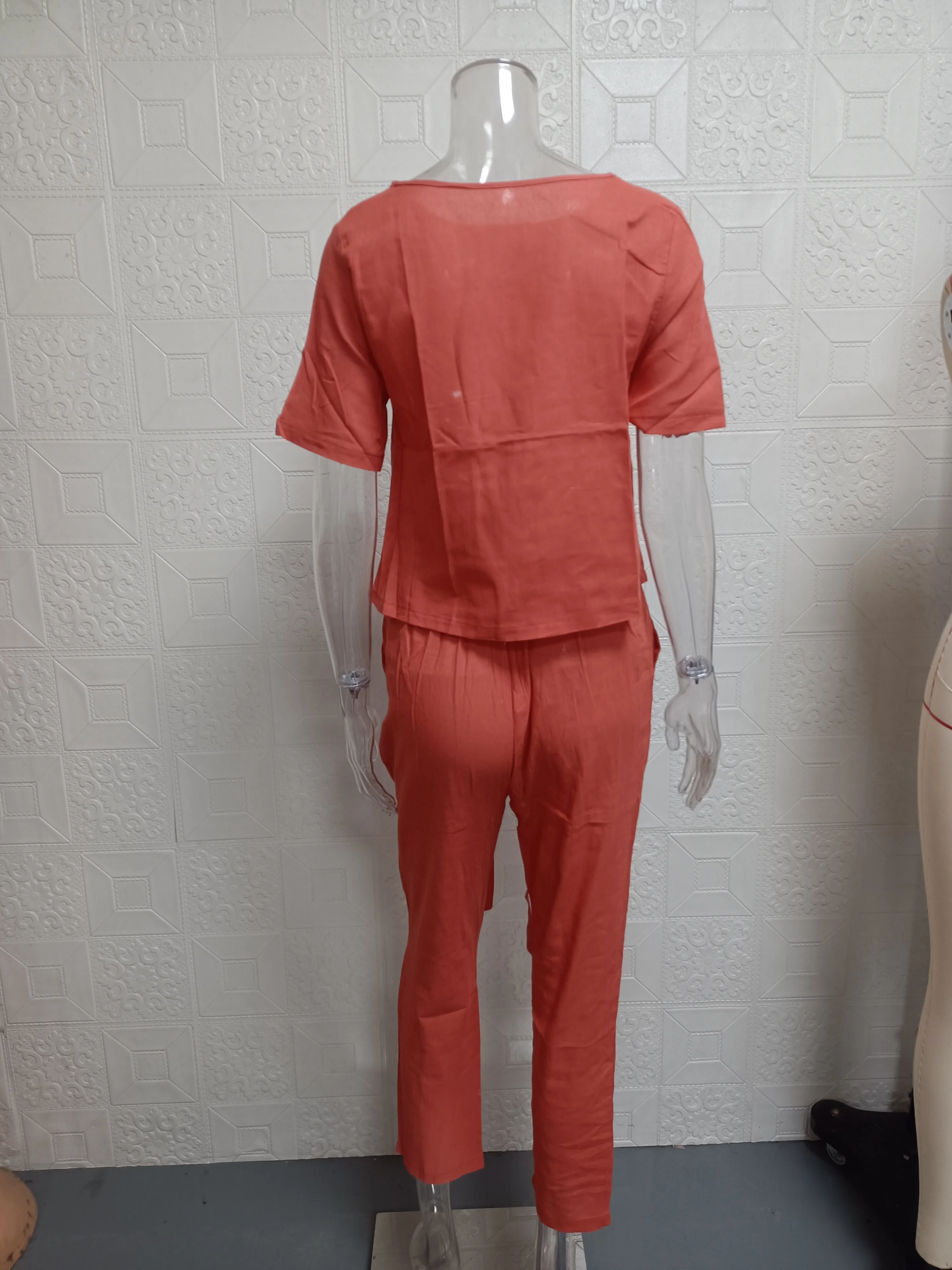 Cross border women's cotton and linen summer matching set half sleeved O-neck oversized cover shirt wide leg pantsretro two-piec 6