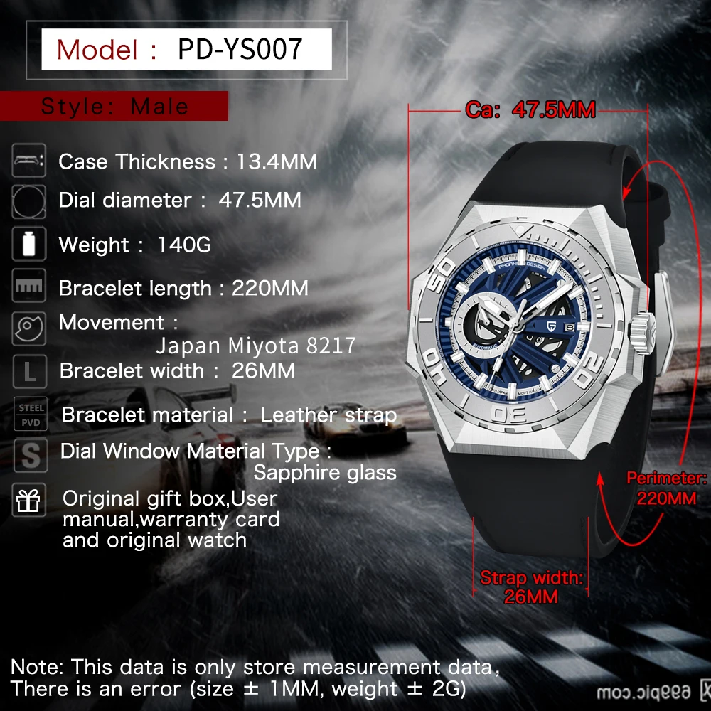 PAGANI DESIGN Top Luxury Men's Mechanical Watch 47mm Stainless Steel Sapphire Waterproof Hollow Leather Chronometer Reloj Hombre