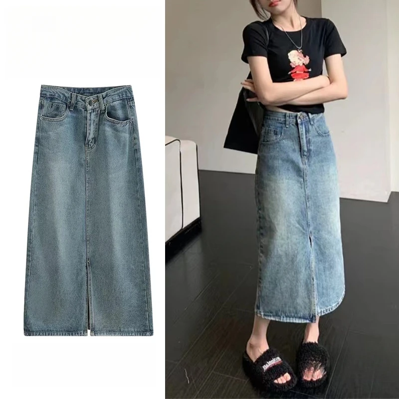 

Retro Blue Denim Skirt for Women Spring Autumn Winter High Waist A Word Loose Sheath Skirt Plus size Split Winter Midi dress