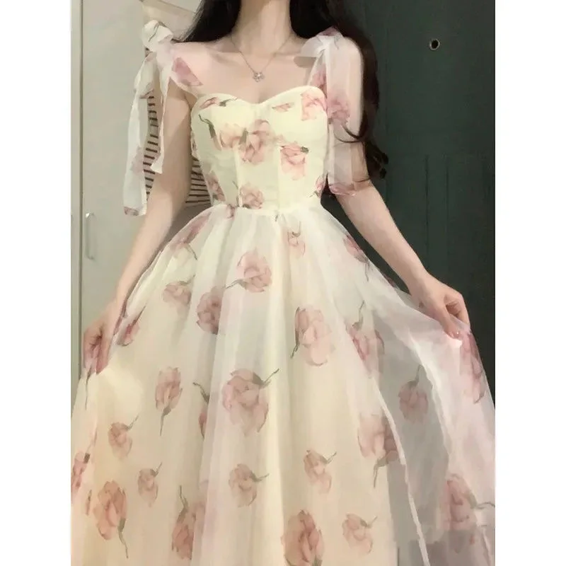 

French First Love Fragmented Flower Strap Dress for Women In Summer High Sense Super Immortal Beach Resort Style Long Dress