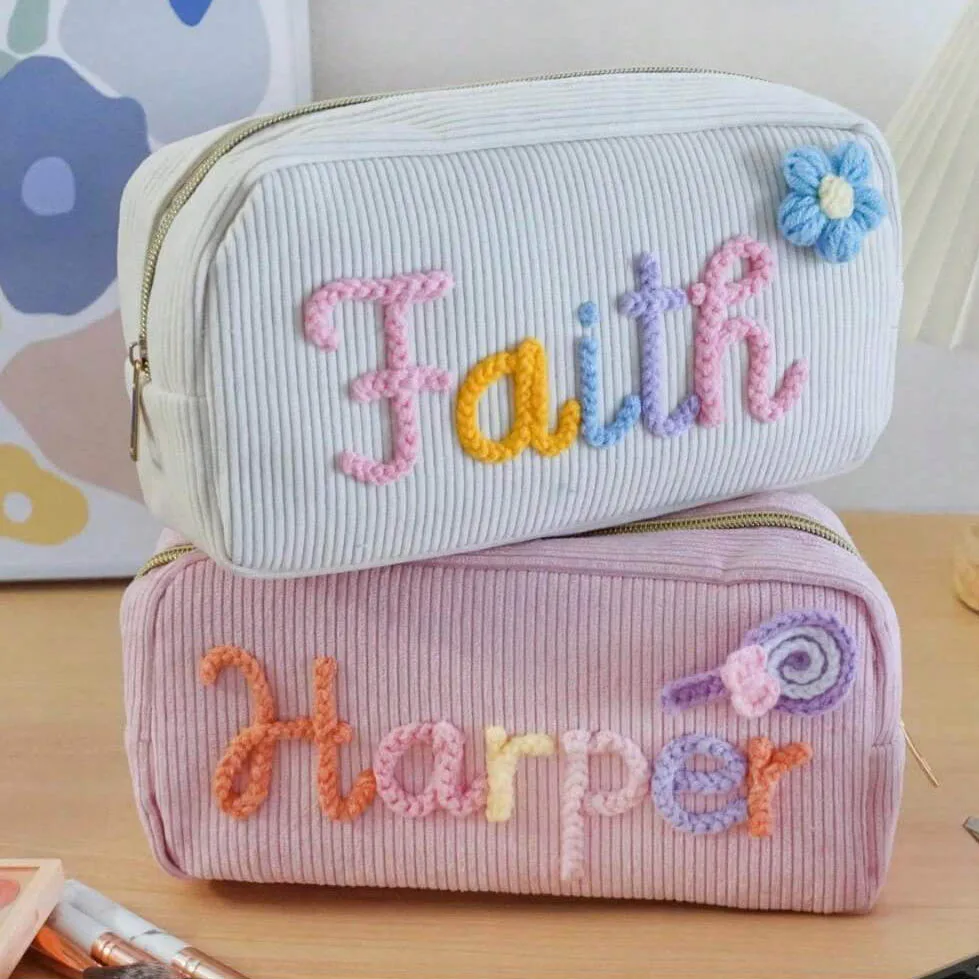 Personalized Yarn Name Makeup Custom X-Large Corduroy Travel Toiletry Bags, Handmade Cosmetic Bag, Gift Pouch, Girls B_voghion.com