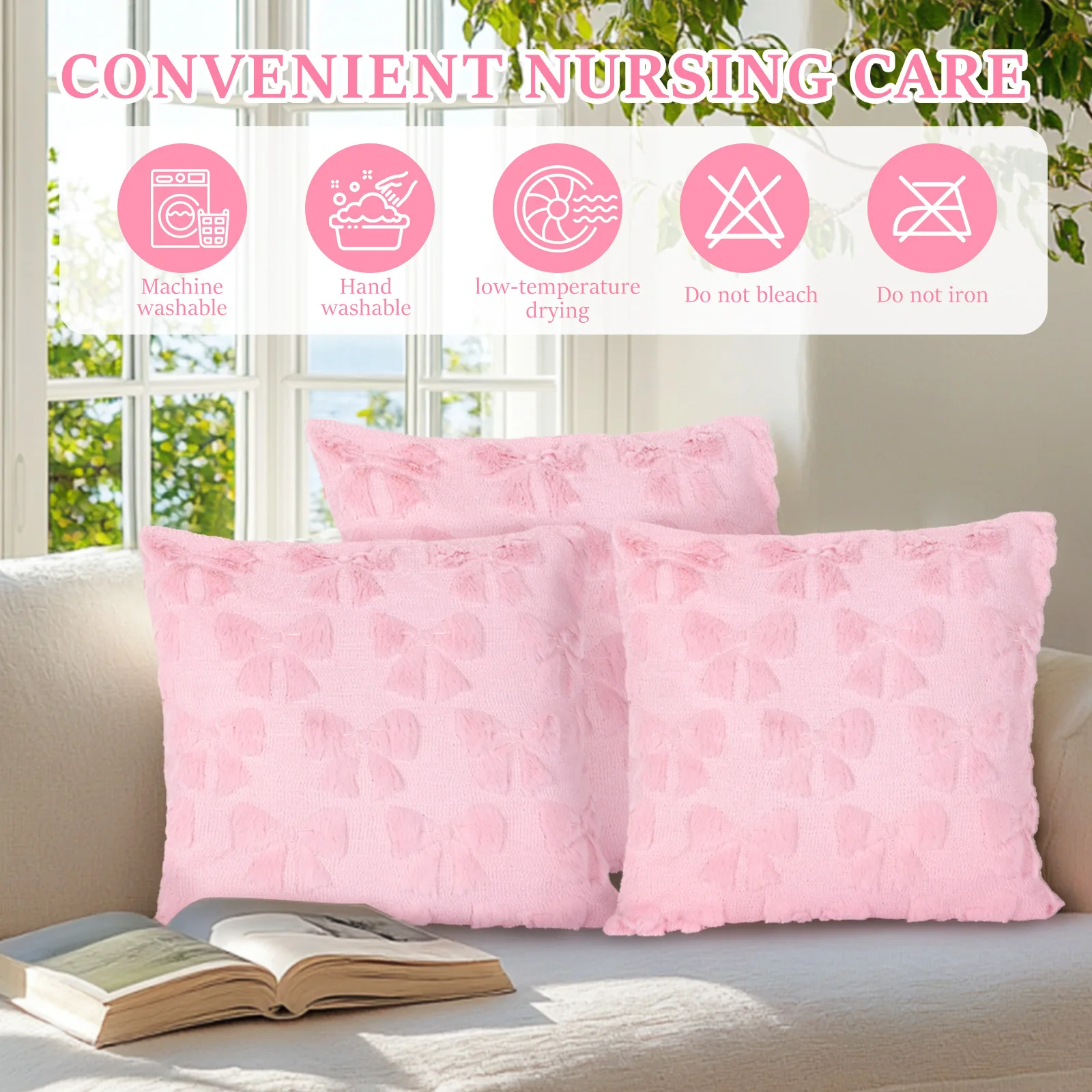 4Pcs Bow Throw Pillow Cover Plush Bowknot Square Pillow Cover 17.7 inch Sofa Pillowcase Home Decoration Accessories White/Pink