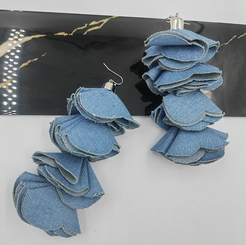 New Bohemia Handmade Four Denim Liner Flower Drop Earrings for Women Statement Earring 6