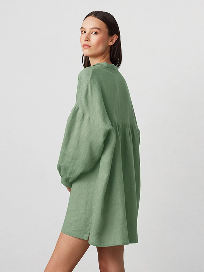 Marthaqiqi Cotton Female Sleepwear Sexy Turn-Down Collar Nightgowns Long Sleeve Pajamas Mini Dress Casual Ladies Home Clothes