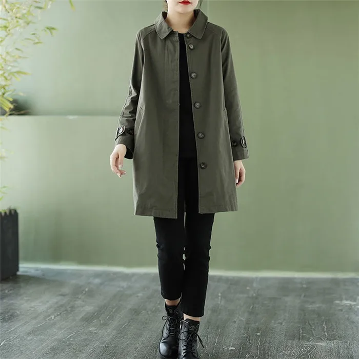 Washed Cotton Trench Coat Women's Spring Autumn Korean Loose Windbreaker Coat Casual Mid-Length Single-Breasted Khaki Outerwear bubble coat women