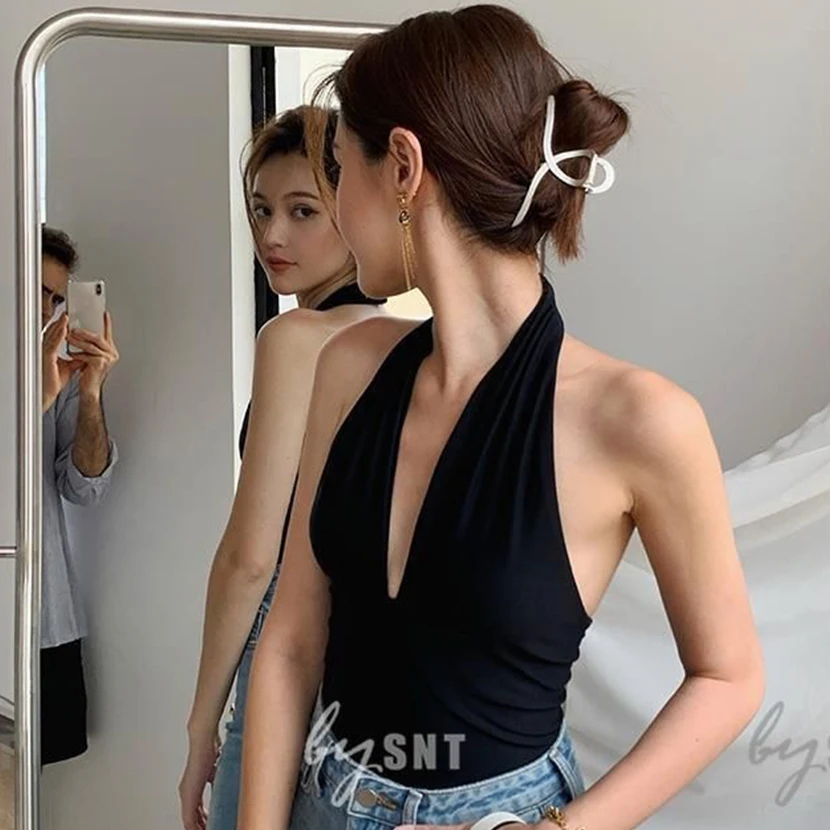 

Pure Sweet Cool Spice Girl Europe And America Deep V-neck Hanging Neck Sling Backless Sleeveless Top Women New Summer Clothes