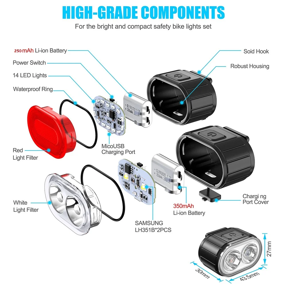 Bicycle Lights LED Bike Lamp USB Rechargeable Bicycle Front and Rear Light Front Lamp Taillight Cycling Lantern Bike Flashlight - 5