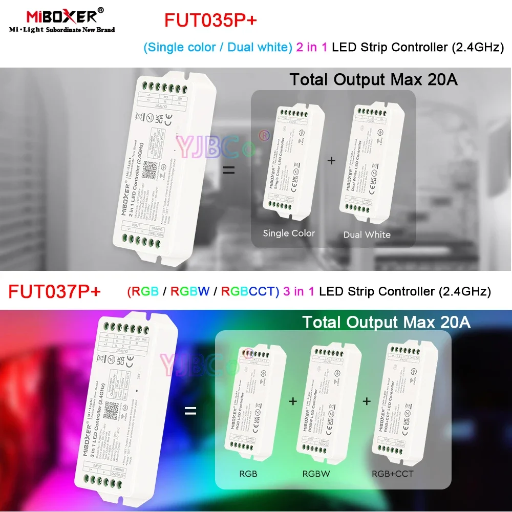 Miboxer 20A High Current Output Single Color/Dual White/RGB/RGBW/RGB+CCT LED Strip Controller 12V 24V 36V 48V Lights Tape Dimmer 3 meters 2835 200d 7mm 5b10c×2 dual colors constant current led strip for repairing chandeliers 3000k 6500k led ribbon