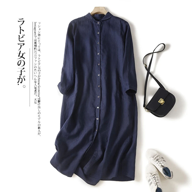 

New Summer Linen Long Dress for Women Loose Single Breasted Polo Neck Shirts Dress Lady Soft Comfortable Vestidos Blue White