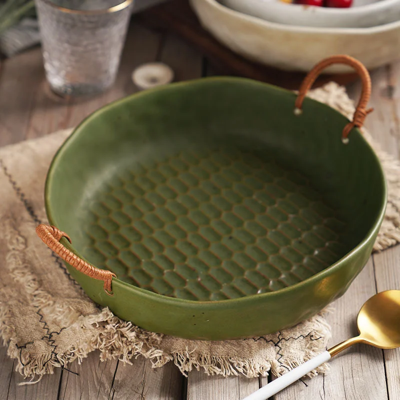 

Ceramic Plate Double Ear Bowl With Rope Woven Vegetable Fruit Tray Basket For Home