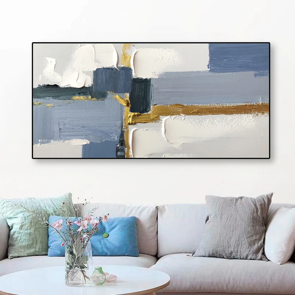 

Large Minimalist Poster Abstract Canvas Painting Blue White Abstract Prints Painting Wall Art Gold Textured Art Modern Decor