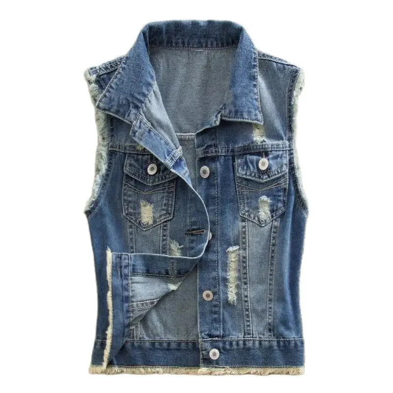 Denim Black Waistcoat 2021 Autumn Loose Large Size Tooling Double Breasted Hooded Vest main image 0