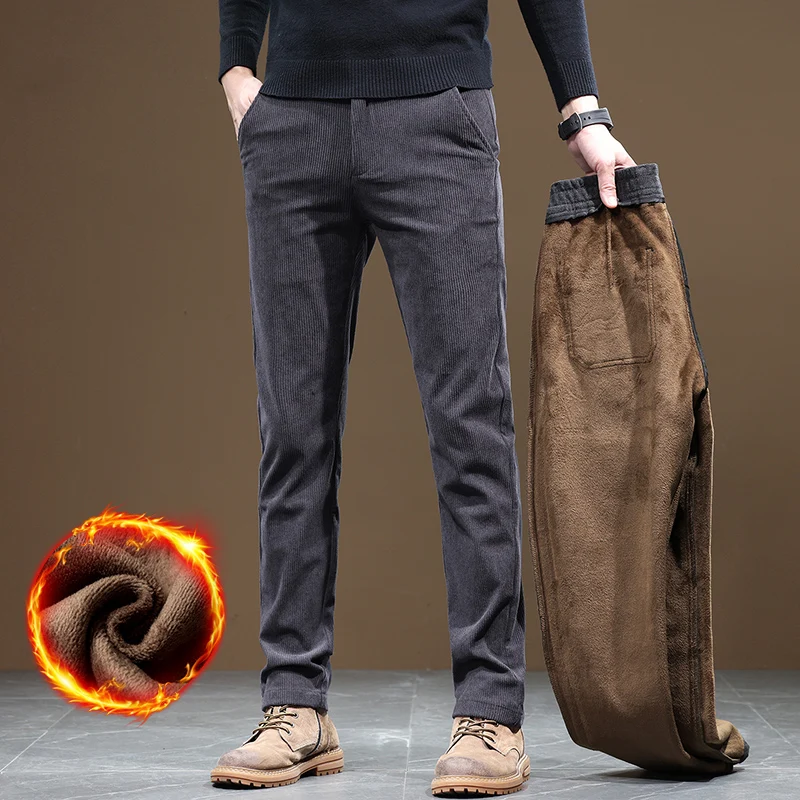 Men Corduroy Pants Winter Fleece Warm Slim Fit Stretch Thicken Casual Trousers