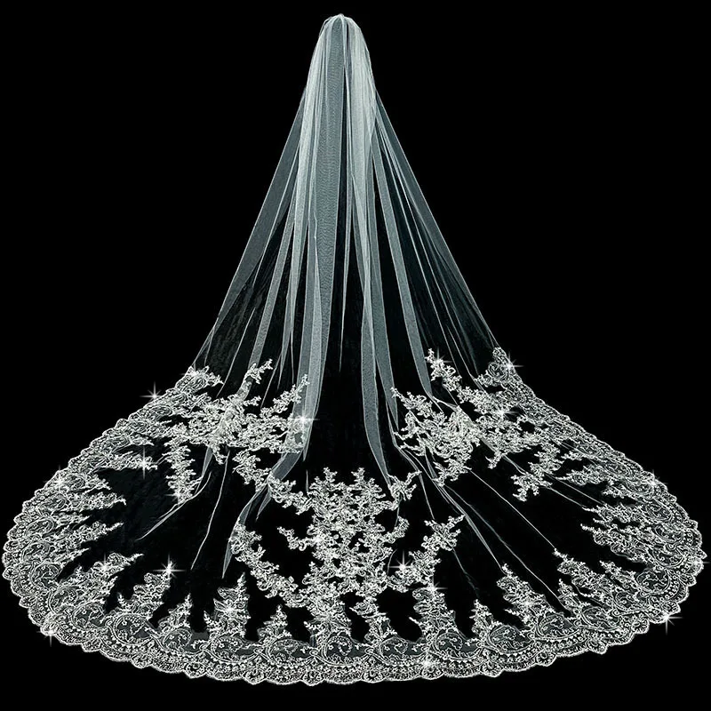 

Fashion Wedding Veils for Bride Lace Sequins 3.5 Meters Long Cathedral Length Tulle Veil with Comb Bridal Hair Accessories