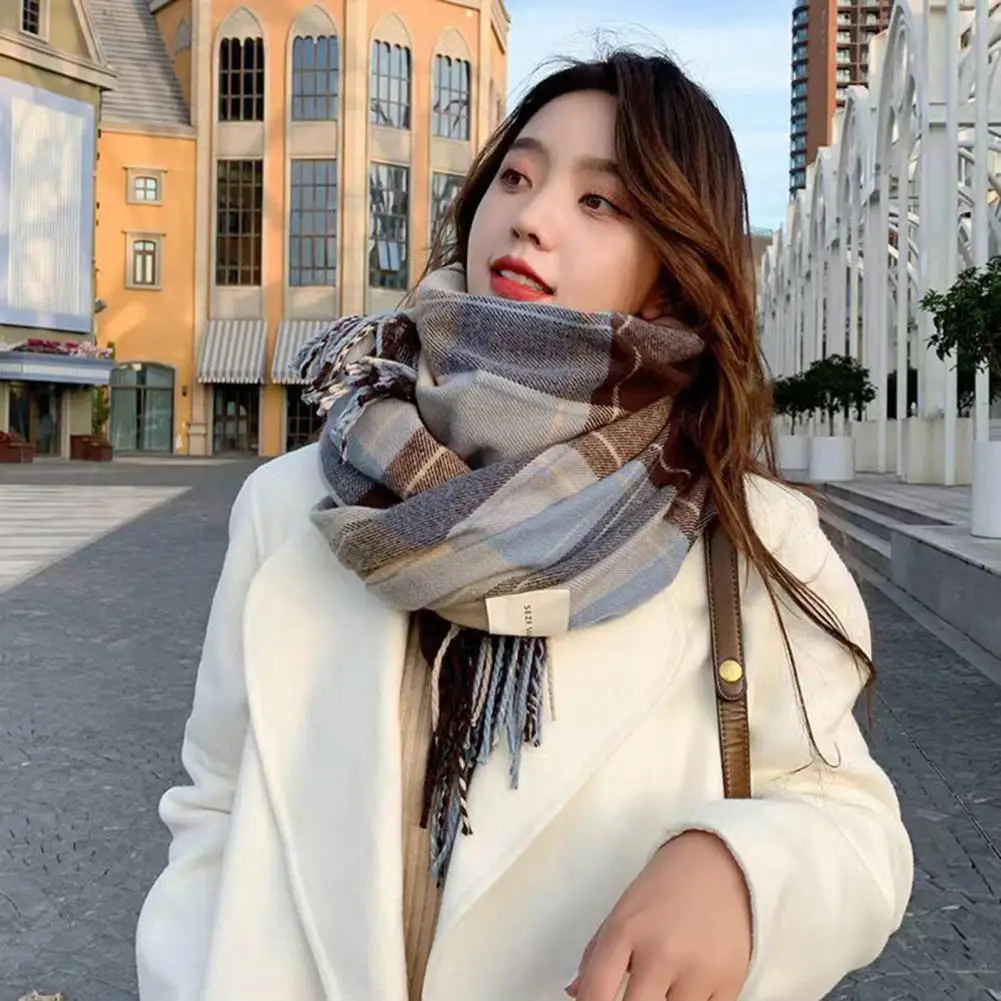 Women Winter Shawl Winter Scarf with Tassel Stylish Plaid Print Warm Windproof Lady Neck Wrap Shawl for Weather Colored Scarf