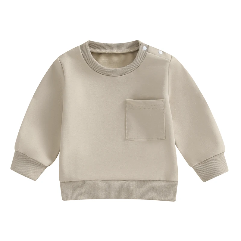 Pudcoco Toddler Kids Baby Boy Girl Fall Sweatshirt Solid Color Long Sleeve Round Neck Button Pullover Loose Tops 0-4T