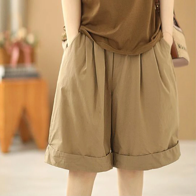 Women's Clothing Japanese Style Elastic High Waist Simple Beach Shorts Female Casual Streetwear Loose Wide Leg Knee Length Pants