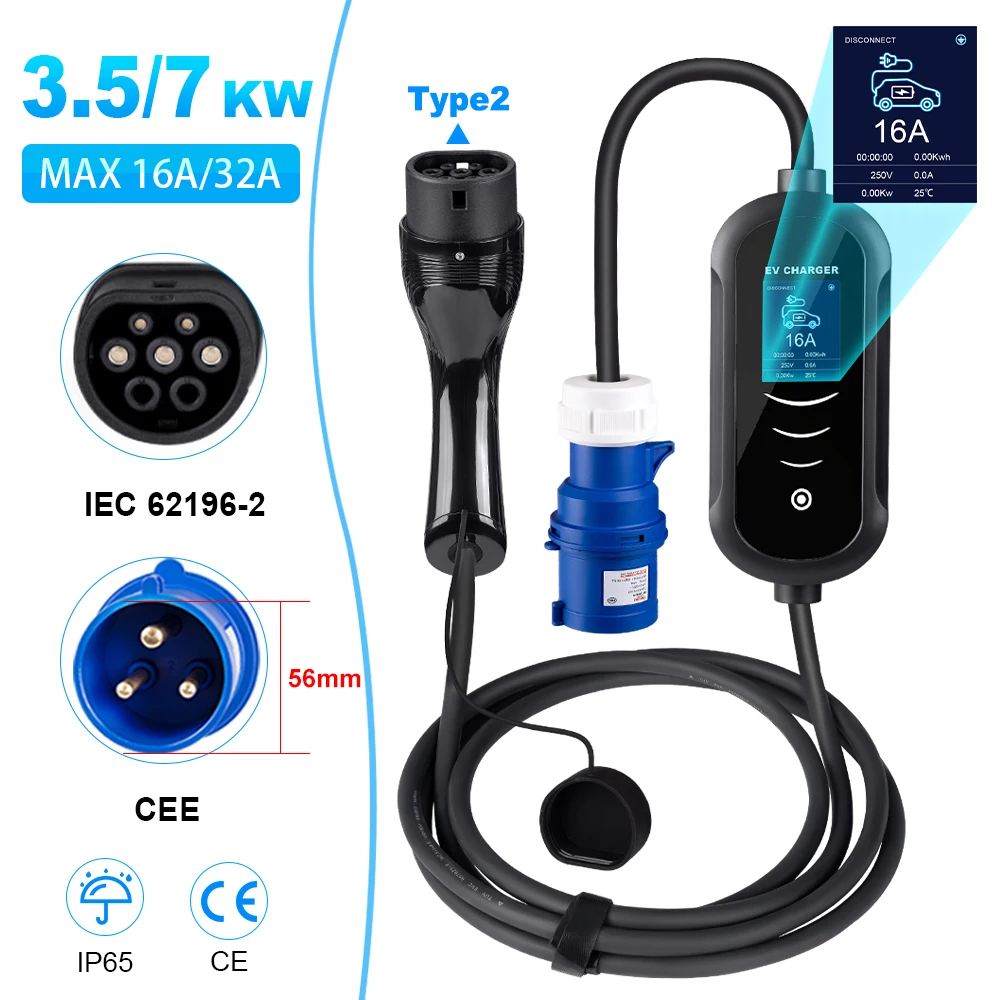 EV Charger 32A/16A Electric Vehicle Car Charger EVSE Wallbox 7KW Type2 Type1 GBT Cable Electric Vehicle Car Fast Charger