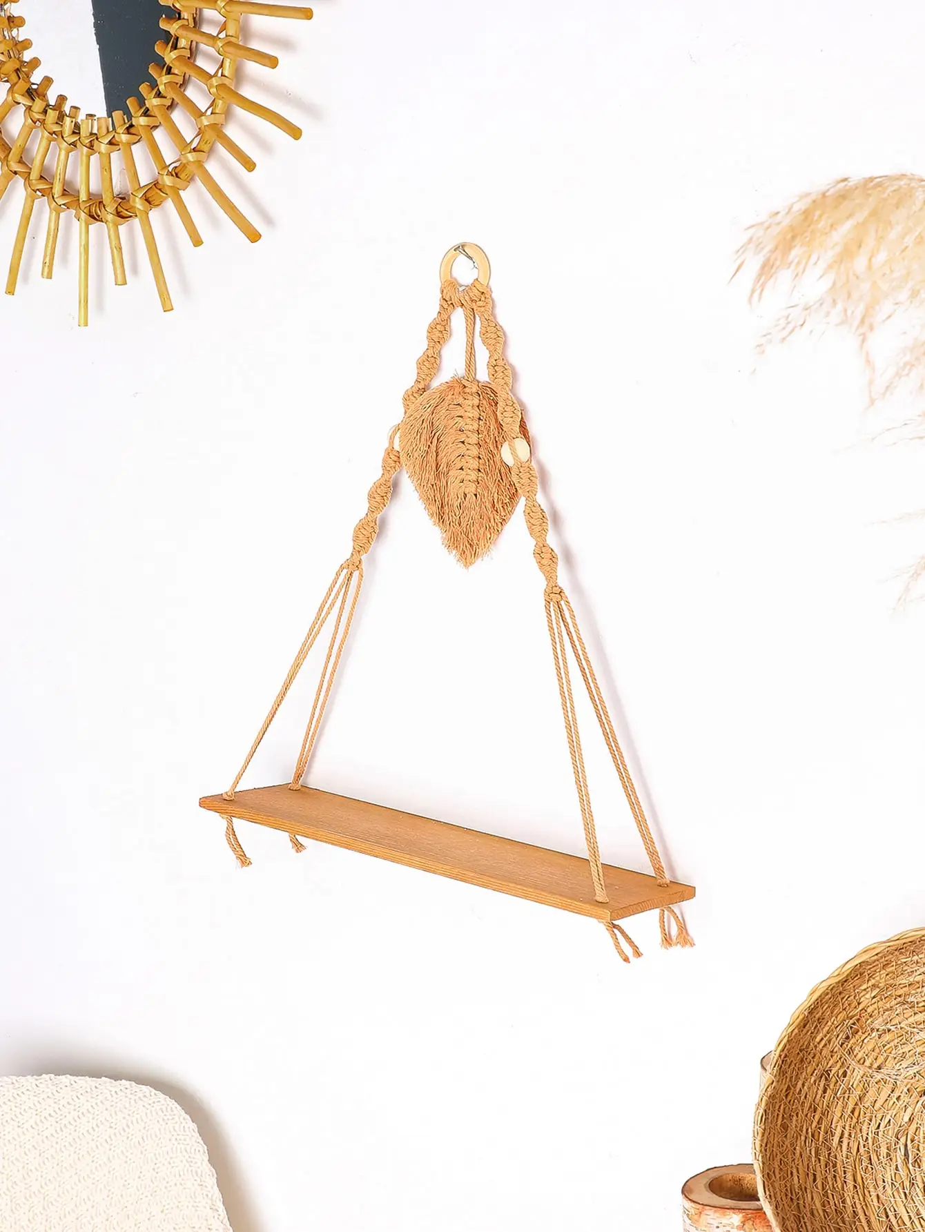 짠 잎 모양 술 부동 벽 선반 식물 꽃 냄비 트레이 나무 디스플레이 스탠드 Boho 현대 홈 장식 벽 장식