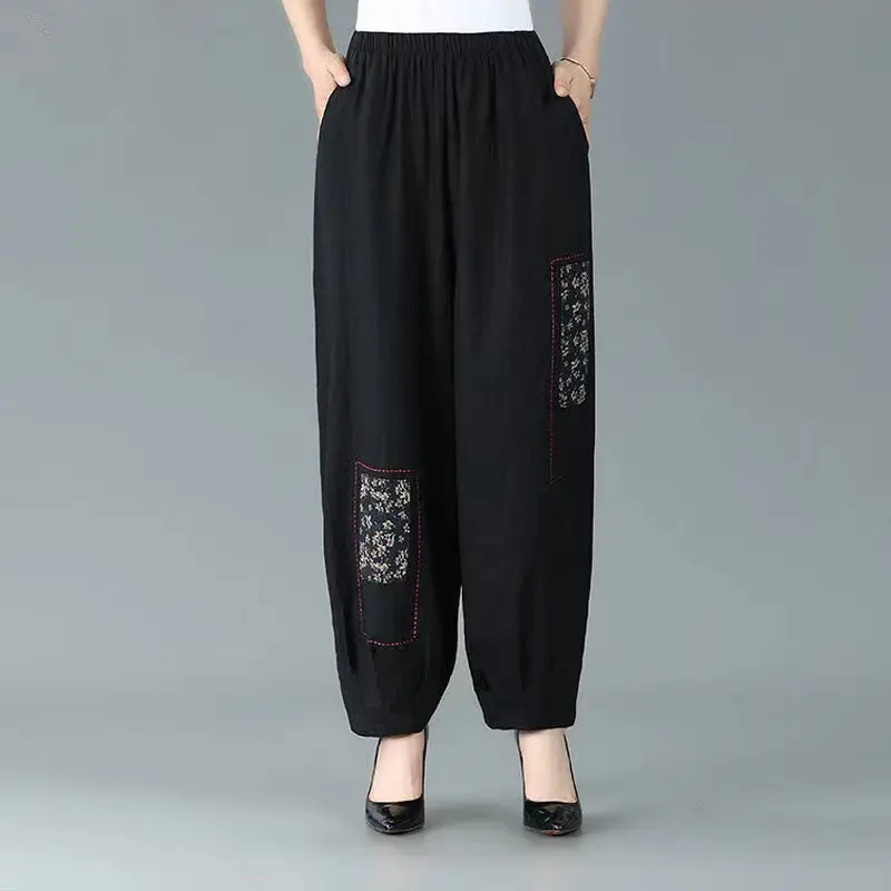 Summer Lantern Women's 2024 Spliced Elastic Waist Retro Pocket Print Fashion Minimalist Commuting Harlan Loose Casual Pants new spring ethnic embroidery elastic waist jeans female loose high waist women harlan pants femme denim pants retro