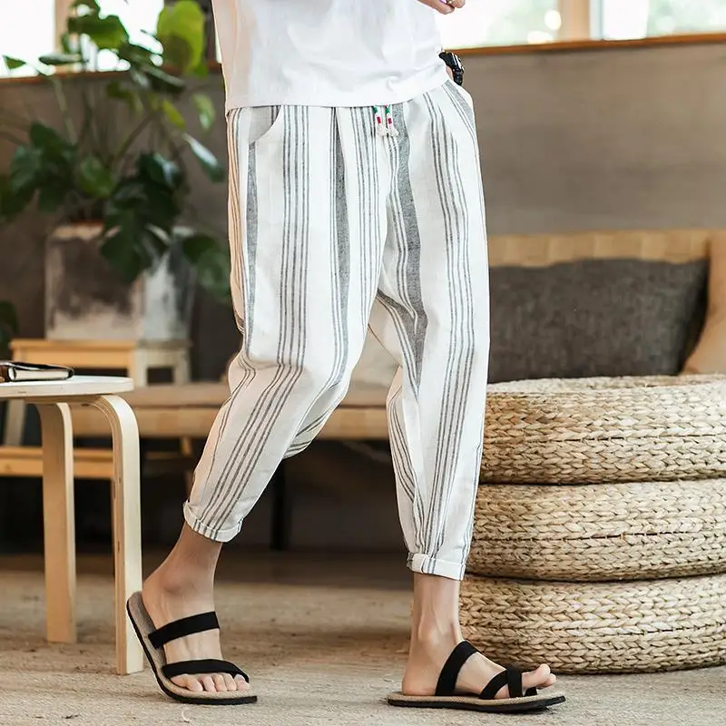 Elegant Fashion Harajuku Slim Fit Ropa Hombre Loose Casual Sport All Match Cropped Pants Thin Style Cotton Linen Stripe Pants