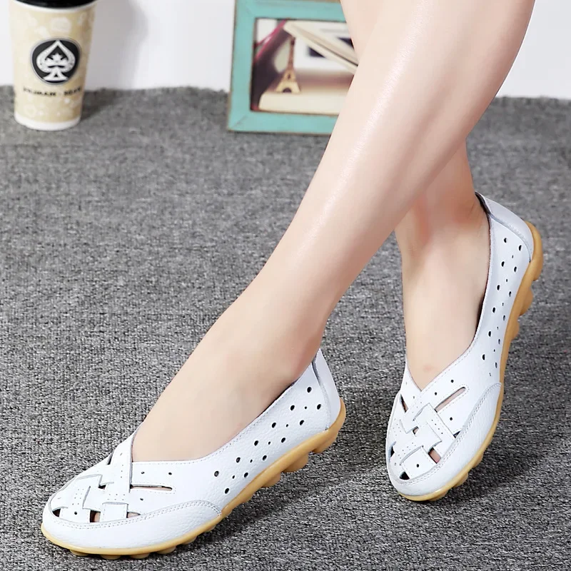 

Summer New Women Shoes 2023 New Genuine Leather Hollow Flats Woman Loafers Plus Size 44 Zapatos De Mujer Ladies Casual Moccasins