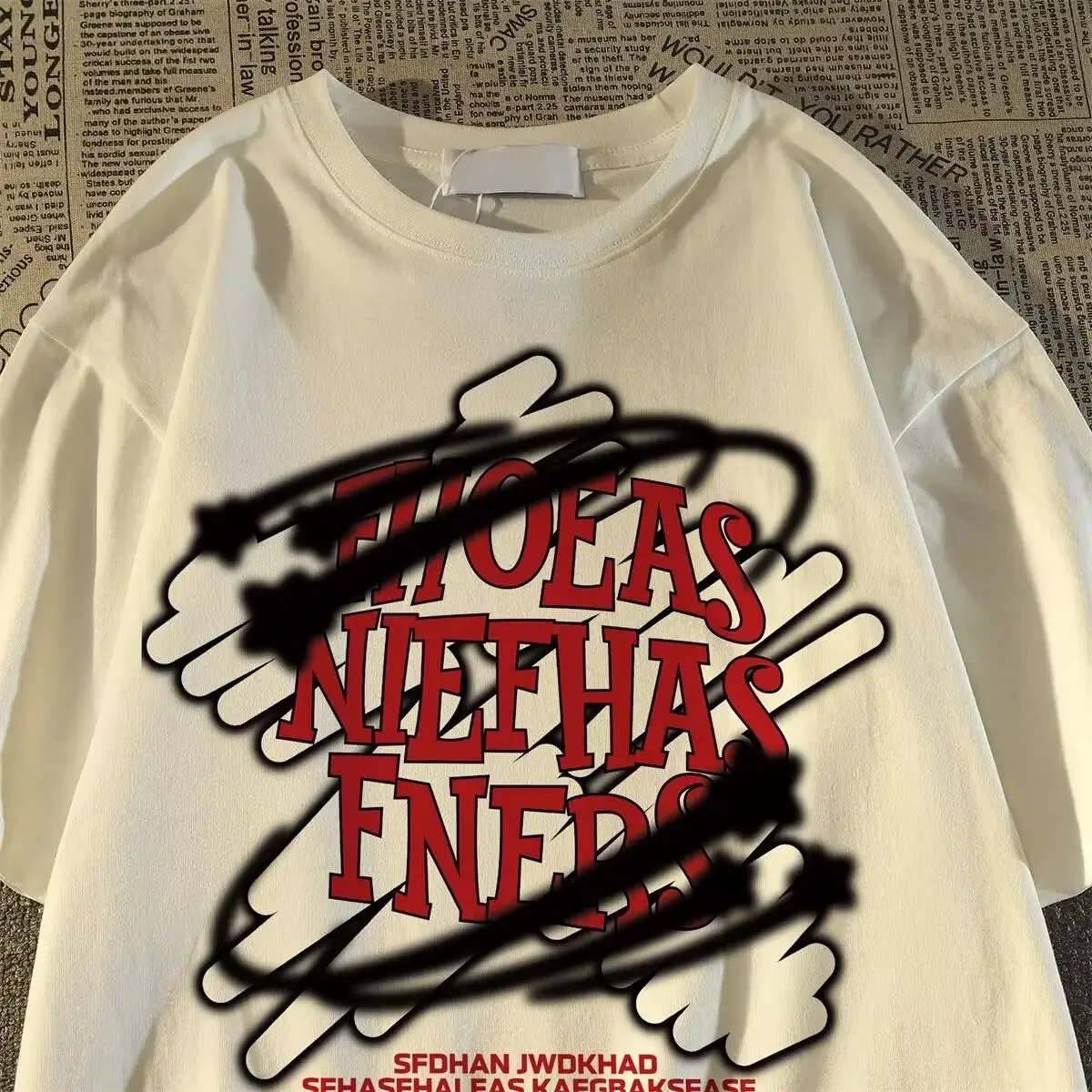 

American trendy high street retro pattern printed T-shirt for men and women summer loose neutral style couple oversize niche top