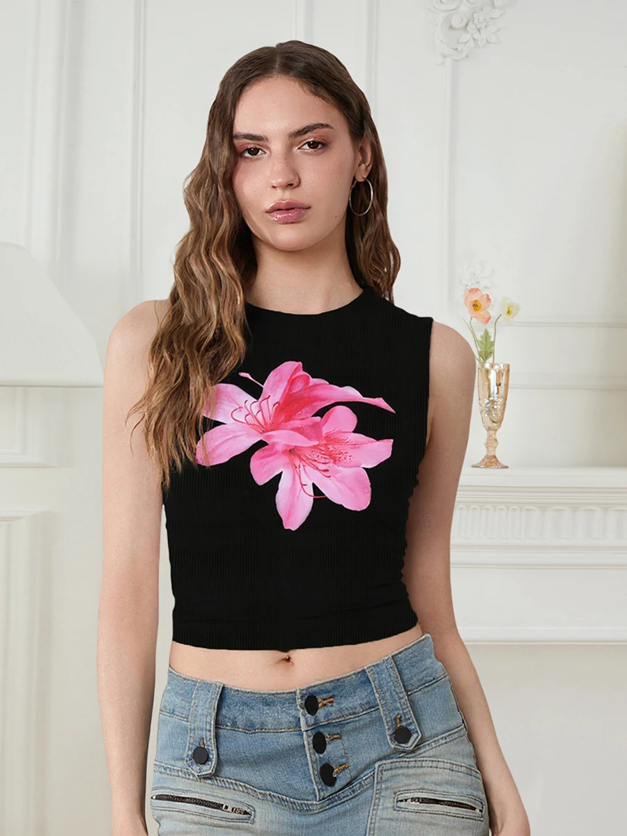 Elegant Women s Sleeveless Floral Print Tank Top with Round Neckline and  Fit Design Perfect for Summer Beach Wear