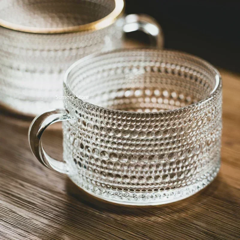 Drinking Glass Nordic Style Retro Embossed Glass Cups Sunflower Transparent Coffee Cup Pearl Milk Tea Cold Drink Juice Mug with Gold Line