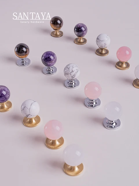 Santaya มือจับตู้ครัวทองเหลืองแท้ คริสตัล หินธรรมชาติ มือจับตู้เสื้อผ้า ลิ้นชัก ตู้เฟอร์นิเจอร์ ลูกบิดหลากสี ขนาดเล็ก 1