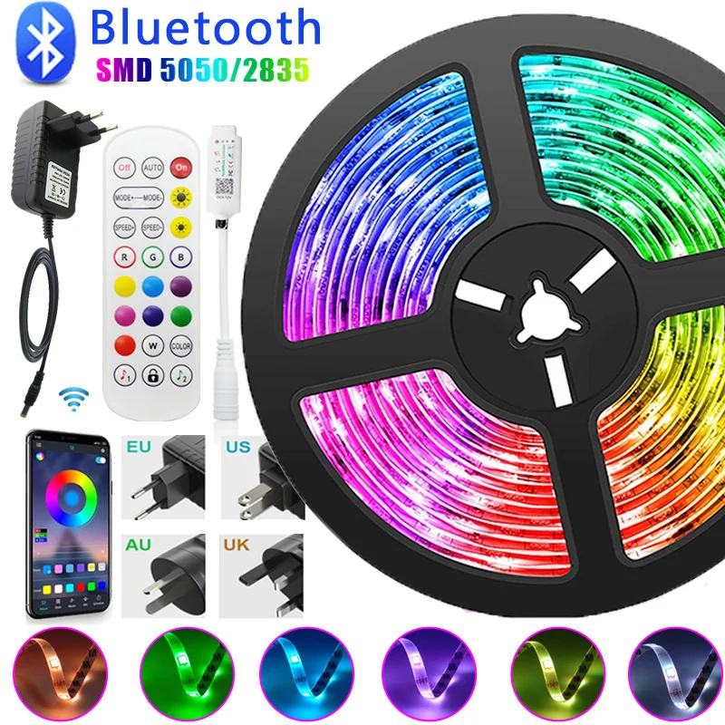 

Светодиодная ленсветильник RGB SMD 5050 с поддержкой Bluetooth, гибкая Диодная лента 2835, 12 В постоянного тока, Wi-Fi, ИК-контроллер и адаптер, 5-30 м