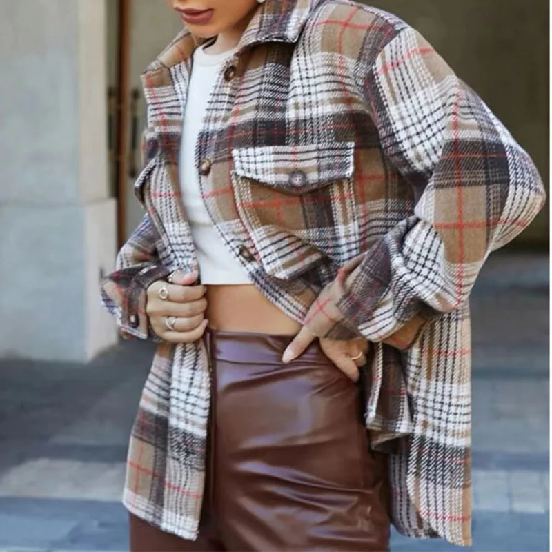 2023 Autumn and Winter Vintage Plaid Fashion Trend Polo Collar Versatile Pockets Simple Commuter Long Sleeve Loose Woolen Coat