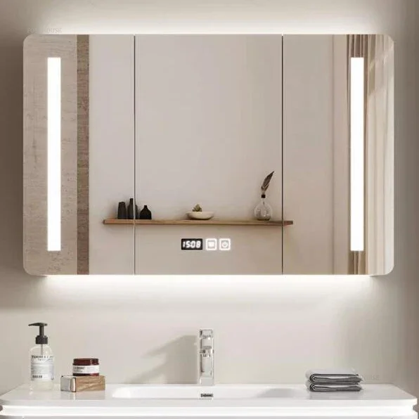 Rounded Corner Smart Bathroom Mirror Cabinet with Light and Defogging Bathroom Make Up Cabinet Home Furniture Storage Rack