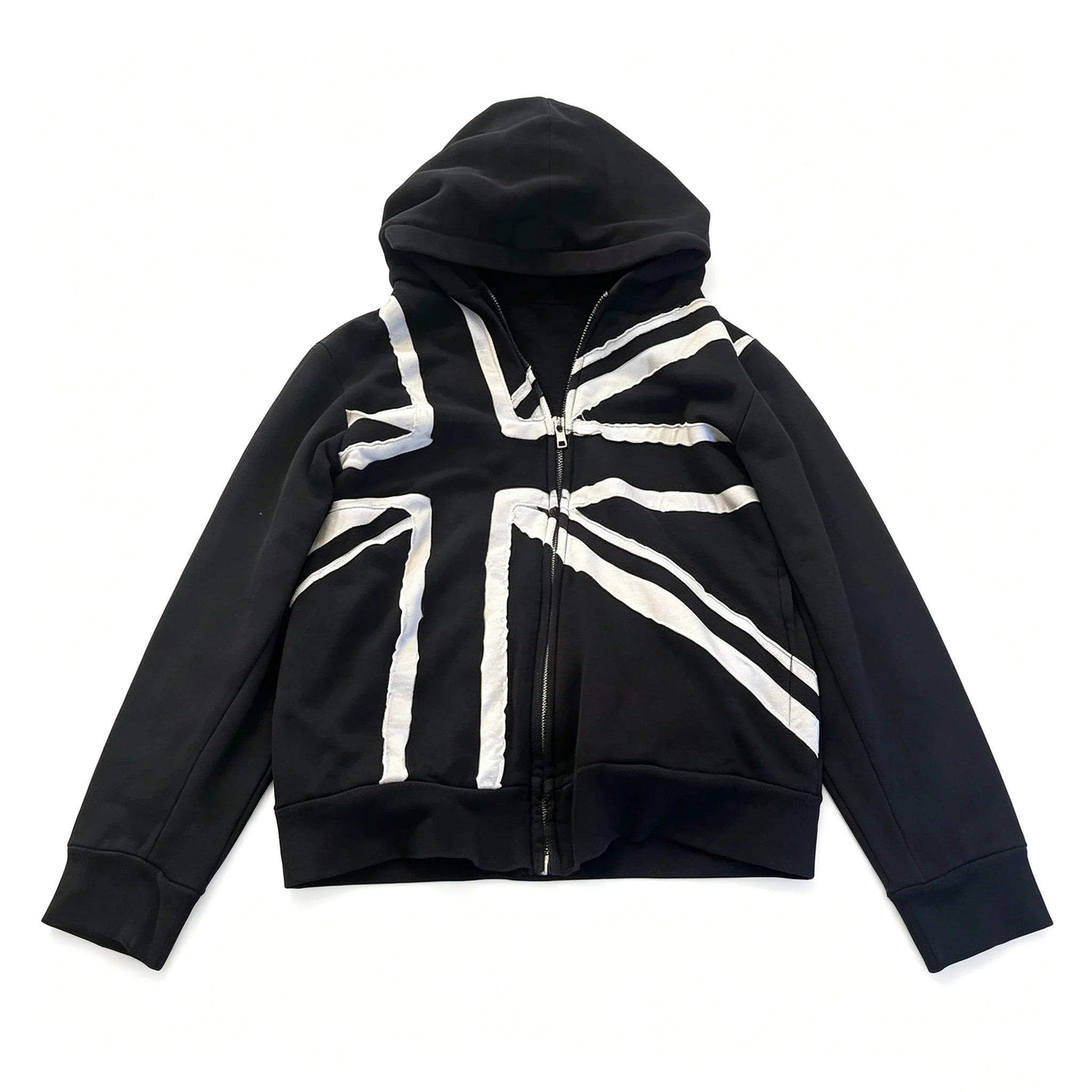Y2K Cropped Zip Up Hoodie British Flag Raw Edge Patchwork Hooded Jacket Streetwear Gothic Grunge Loose Short Sweatshirt Coat