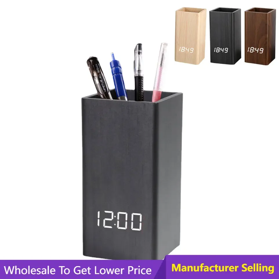 Pencil Organizer Wooden Desktop LED Time Temperature Date Display Pencil Holder Digital Alarm Clock Voice Control Pen Holder multifunctional mesh pen pencil holder digital lcd office desk alarm clock time temperature calendar function