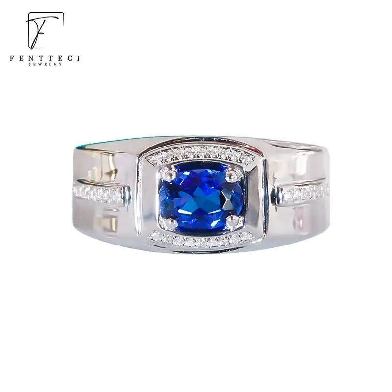 

FENTTECI 925 Sterling Silver Domineering Sapphire Men's Ring Personality Inlaid Colorful Gem Diamond Wedding Ring Something Blue