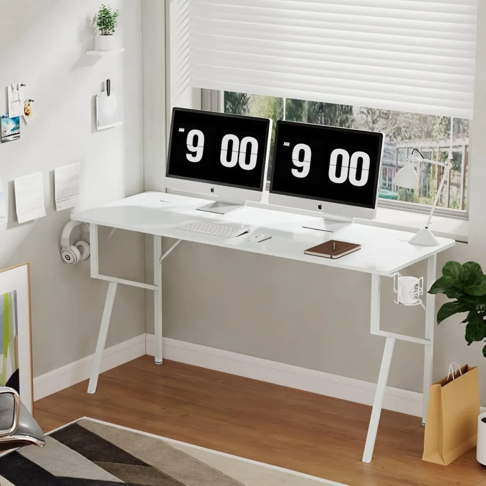 ergonomic k-shaped gaming desk, 63" x 24" home office desk with cable management and cup holder for study and work