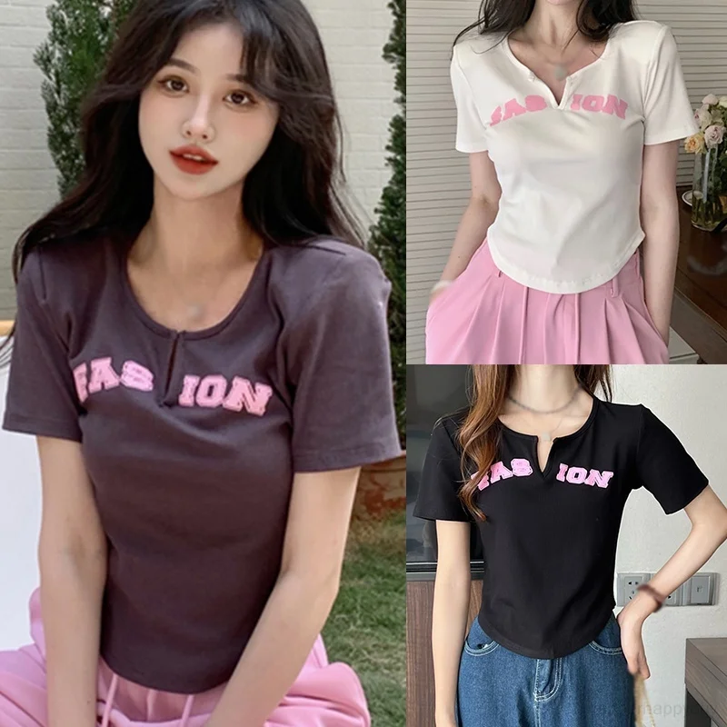 

Women's Short-sleeved T-shirt Summer Women's Clothing Slim Fit Short V-neck Letter Print Top