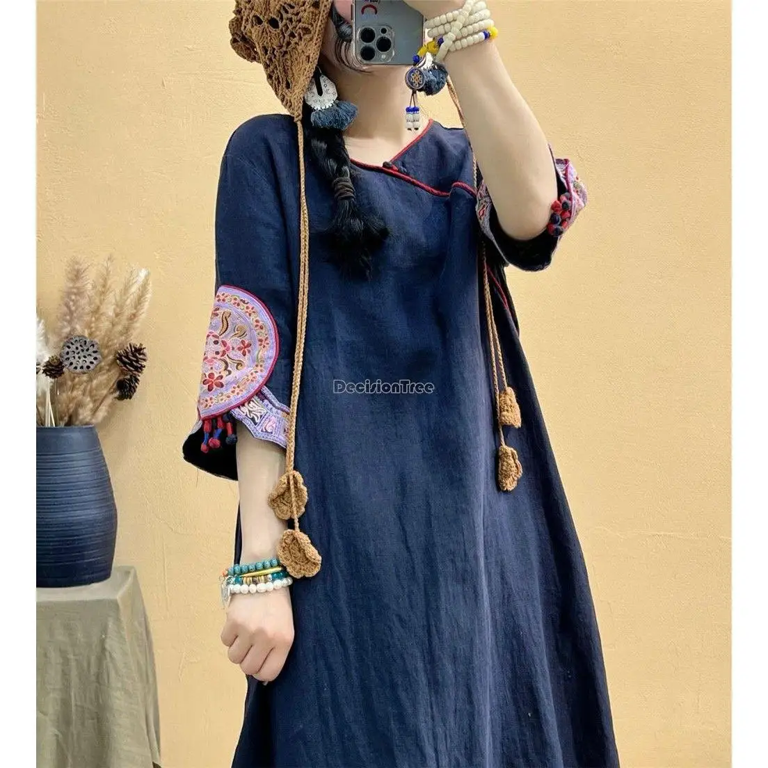 Summer ethnic embroidery linen dress female national robe retro hanfu inclined lapel design retro tea robe