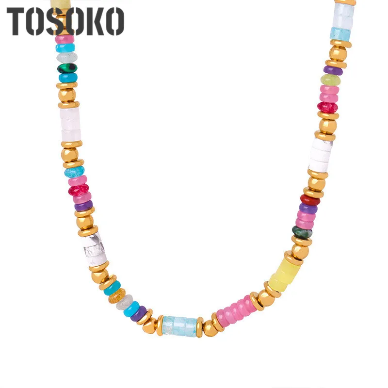 

TOSOKO Stainless Steel Jewelry Colorful Natural Stone Handmade Beaded Pendant Necklace For Women's Collarbone Chain BSP1726