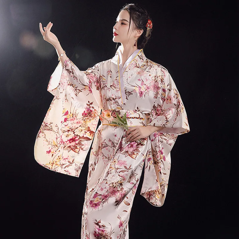 

Traditional Japanese Kimono Print Flower Airy Dresses Costume Gown with Obi Women Ladies Geisha Haori Yukata Kimono Gown Suit