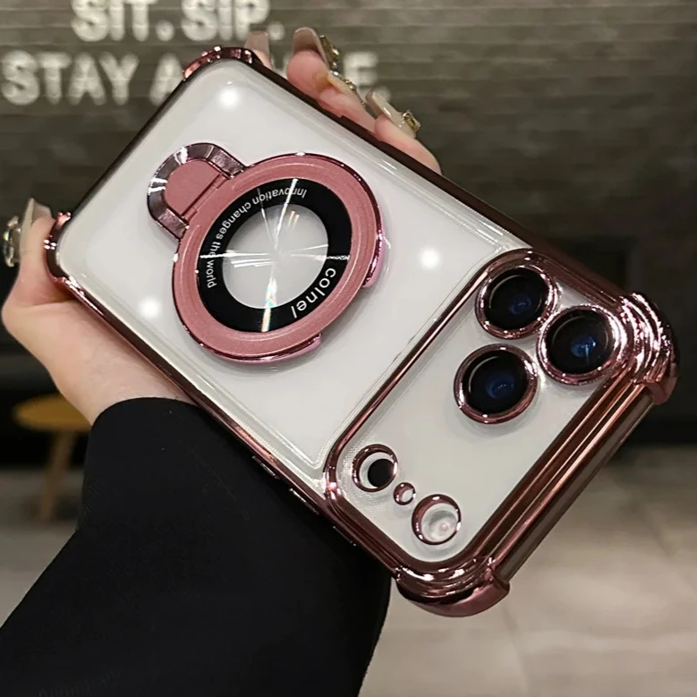 Enhanced Transparent Phone Cover with Plating Ring Holder and Wireless Charging Compatibility