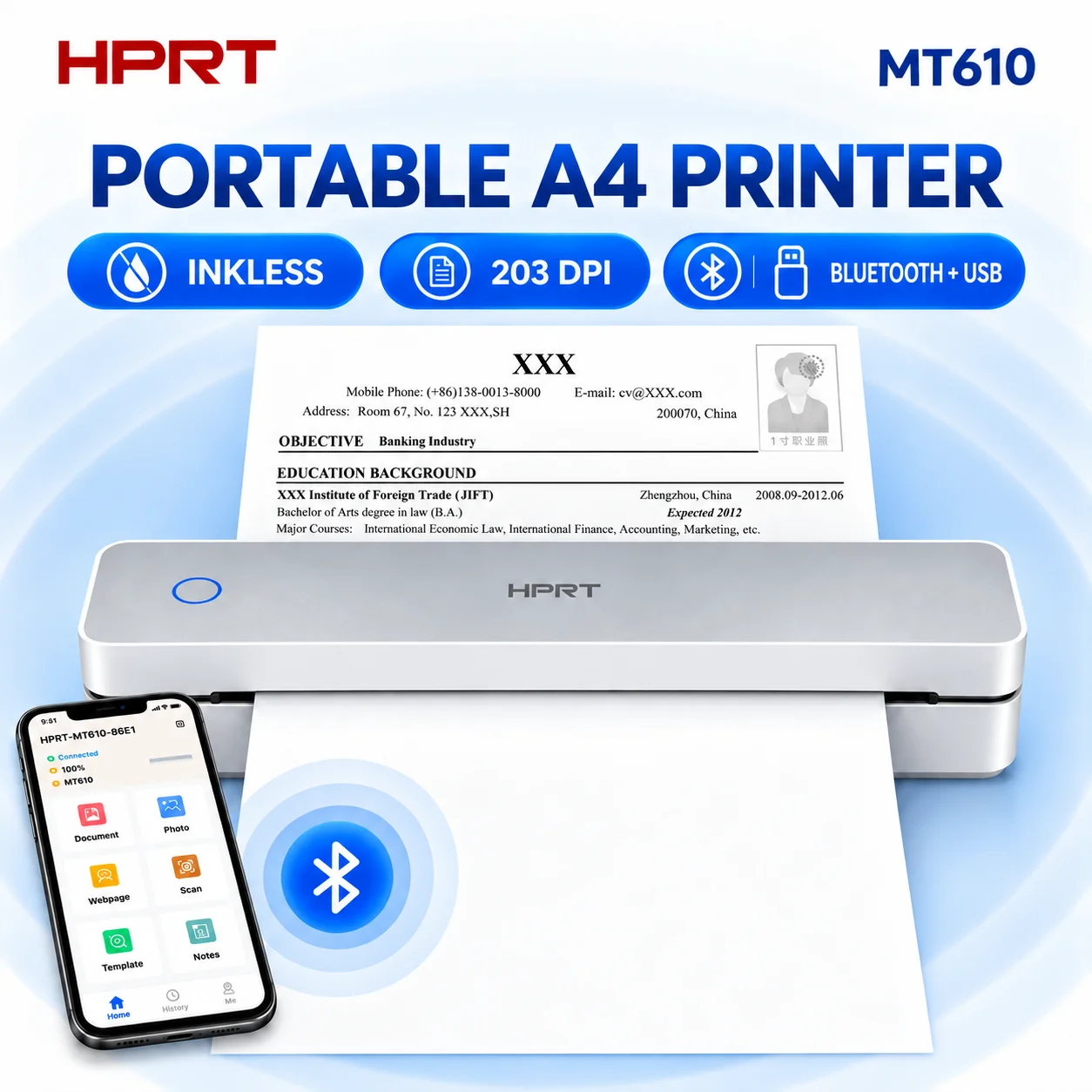 طابعة حرارية محمولة HPRT MT610، مقاس A4، بدقة 203 نقطة في البوصة، تدعم البلوتوث، ولا تحتاج إلى حبر، وتعمل لاسلكيًا، ومتوافقة مع أنظمة iOS وأندرويد وأجهزة الكمبيوتر، ومناسبة للاستخدام في السفر والمكاتب والمدارس.