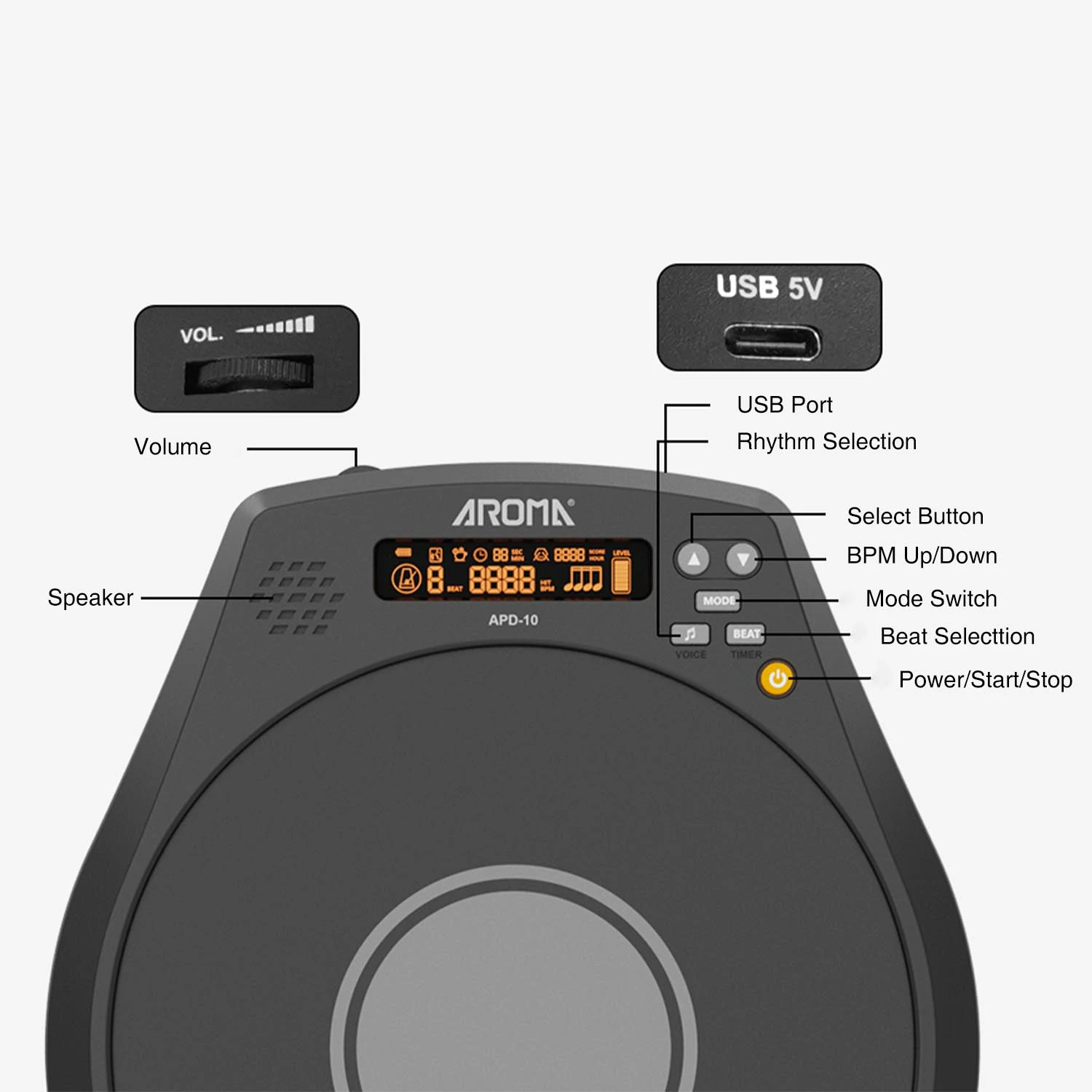 AROMA Electronic Dumb Drum Pad Rechargeable Multifunction Digital 3 IN1Digital Metronome Practice Drum with Speed Detection