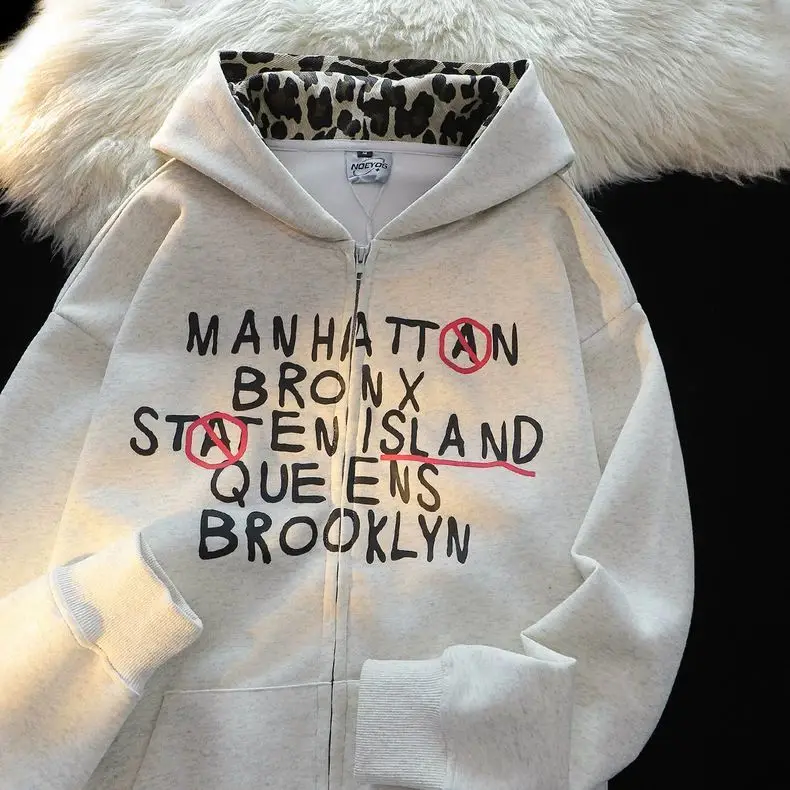 Niche personality leopard print hooded zipper cardigan sweatshirt customized hoodies for women autumn design loose splicing American couple coat