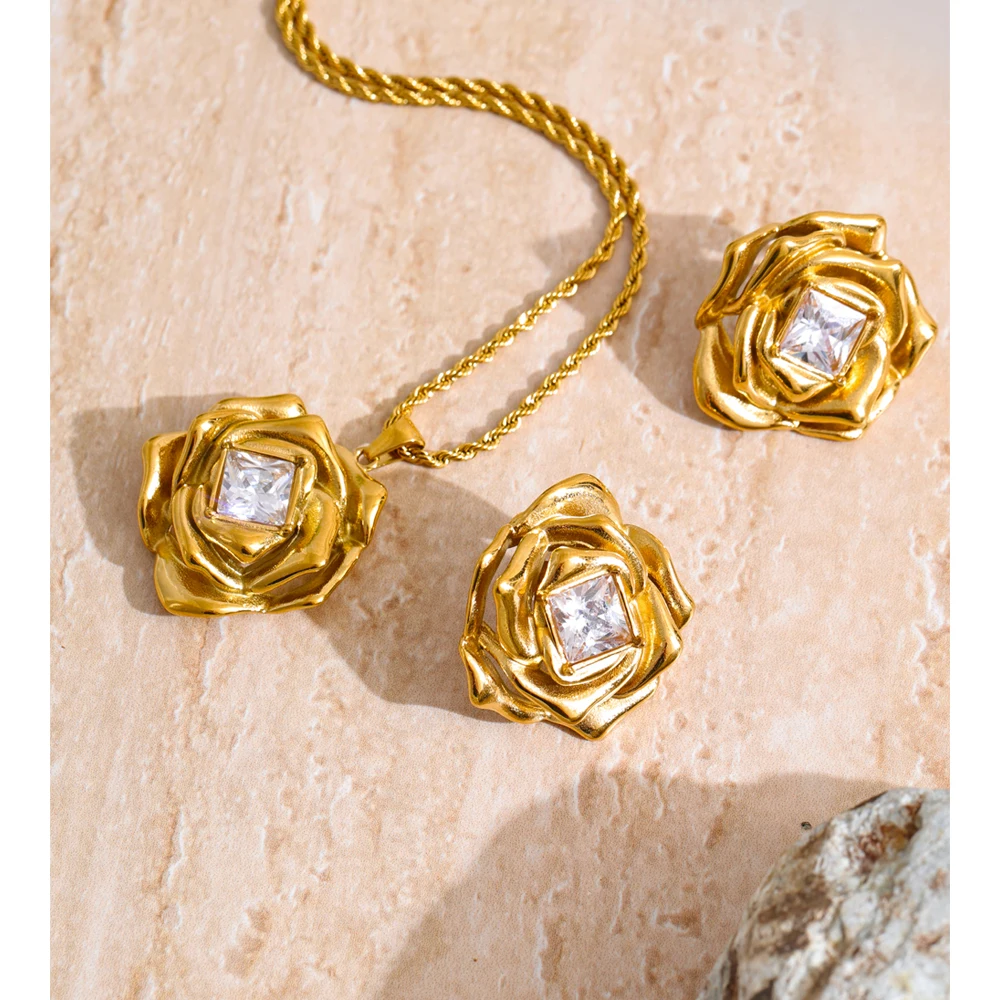 Yhpup Necklace Set, Stainless Steel, Zirconia Flower 18K Golden Plated