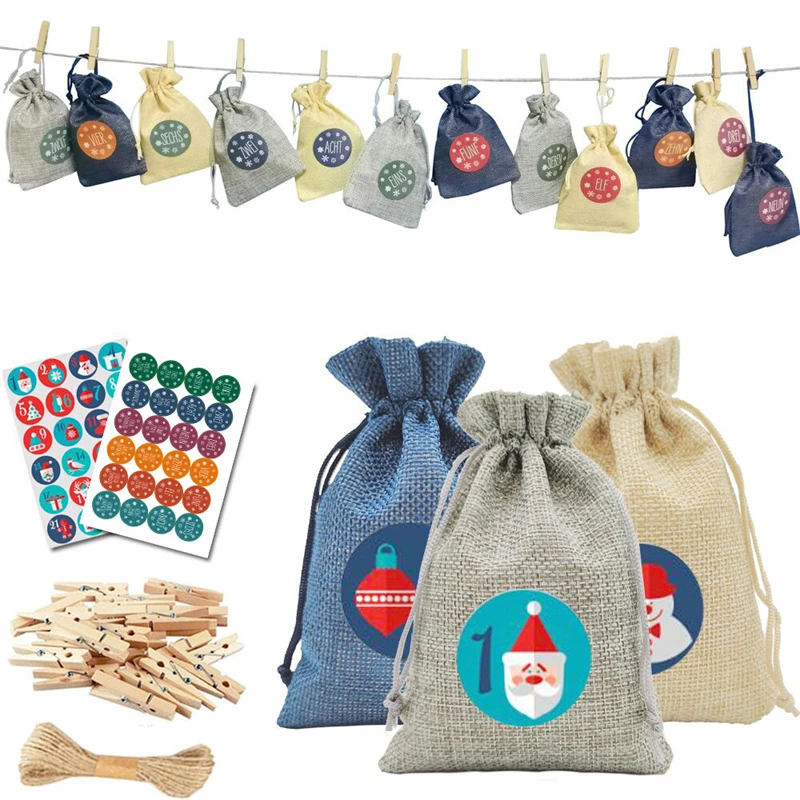 

24Days Christmas Advent Calendar Xmas Gift Bags DIY Set Paper Stickers Christams Tree Hanging Pendants Decorations for Home