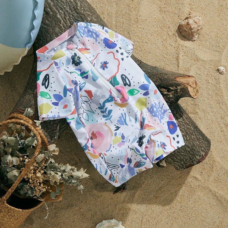 Kids Swimsuits MISOWMNJOY Summer Girls Boys Swimwears Fashion New Baby Swimsuit Beachwear Watercolour Print Zipper Short Sleeve Bathing Suit