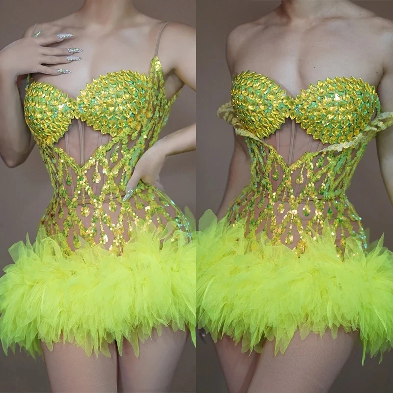 

Fluorescent Full Rhinestones Sequin Dress Women Party Gogo Dancer Costume Bar Dj Ds Mini Dresses Stage Rave Outfits