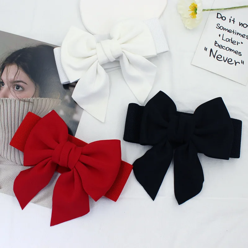 New Fashion Elegant Large Bow Elastic Belts for Women Wide Side Belt Dress Female Jeans Waistband Trouser Accessory